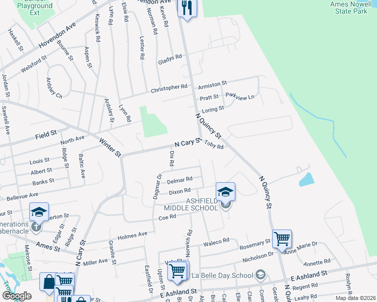 map of restaurants, bars, coffee shops, grocery stores, and more near 23 Dix Road in Brockton