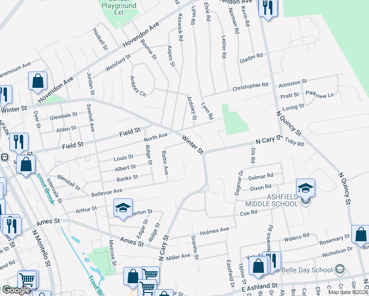 map of restaurants, bars, coffee shops, grocery stores, and more near 411 Winter Street in Brockton