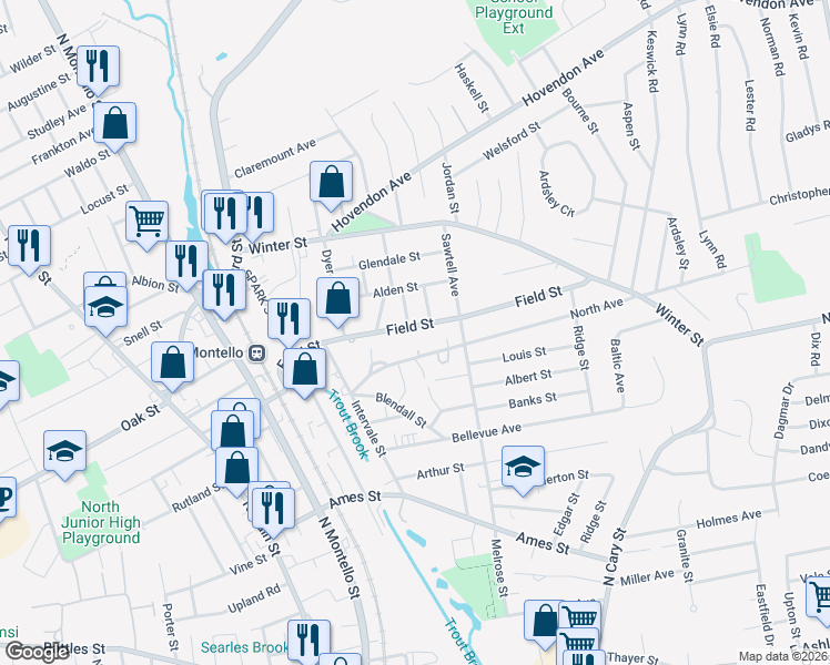 map of restaurants, bars, coffee shops, grocery stores, and more near 28 North Avenue in Brockton