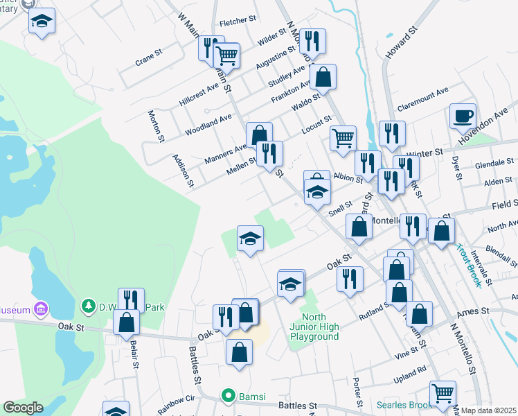 map of restaurants, bars, coffee shops, grocery stores, and more near 55 May Avenue in Brockton