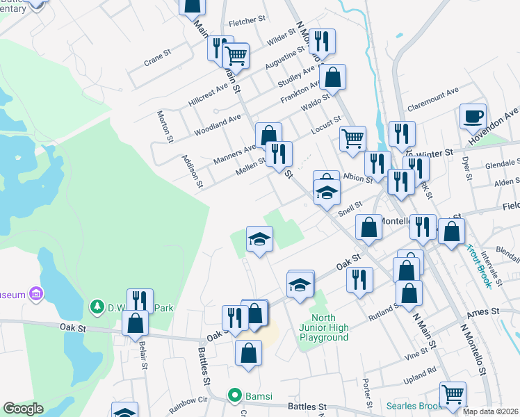 map of restaurants, bars, coffee shops, grocery stores, and more near 26 Homestead Street in Brockton