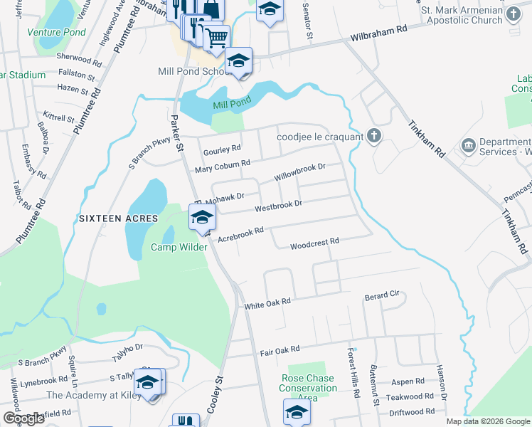 map of restaurants, bars, coffee shops, grocery stores, and more near 94 Acrebrook Road in Springfield