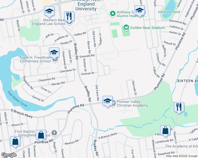 map of restaurants, bars, coffee shops, grocery stores, and more near 93 Old Farm Road in Springfield