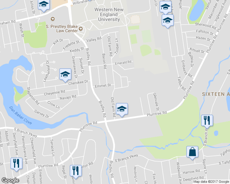 map of restaurants, bars, coffee shops, grocery stores, and more near 93 Old Farm Road in Springfield