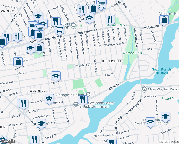 map of restaurants, bars, coffee shops, grocery stores, and more near 209 Albemarle Street in Springfield