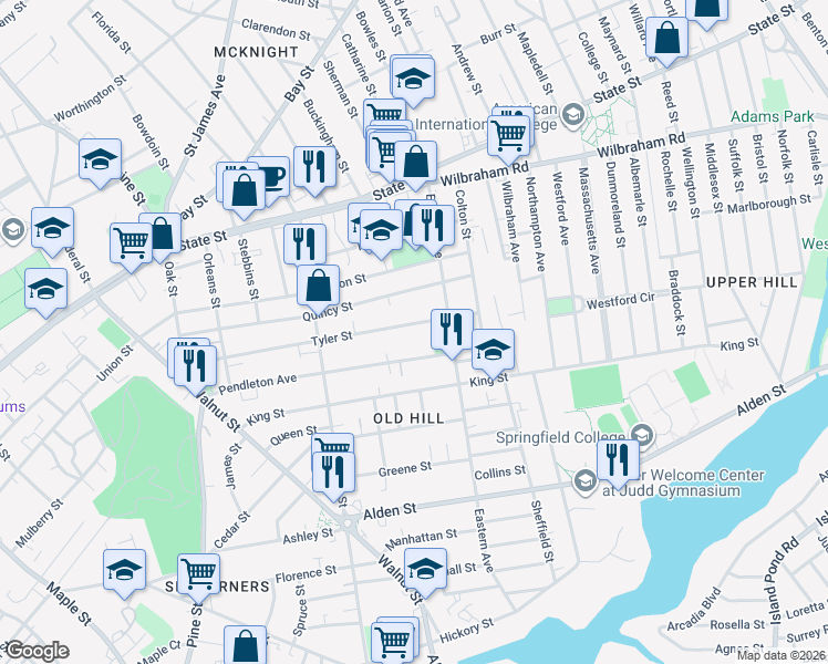 map of restaurants, bars, coffee shops, grocery stores, and more near 240 Pendleton Avenue in Springfield