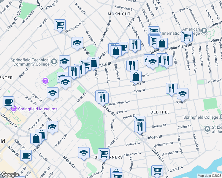 map of restaurants, bars, coffee shops, grocery stores, and more near 52 Tyler Street in Springfield