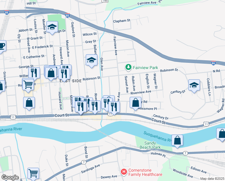 map of restaurants, bars, coffee shops, grocery stores, and more near 26 Milford Street in Binghamton