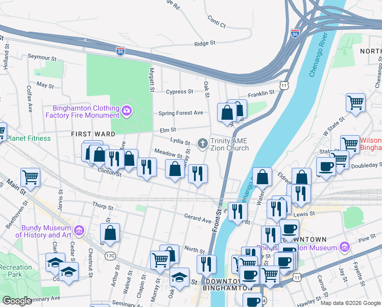map of restaurants, bars, coffee shops, grocery stores, and more near 1931/2 Oak Street in Binghamton