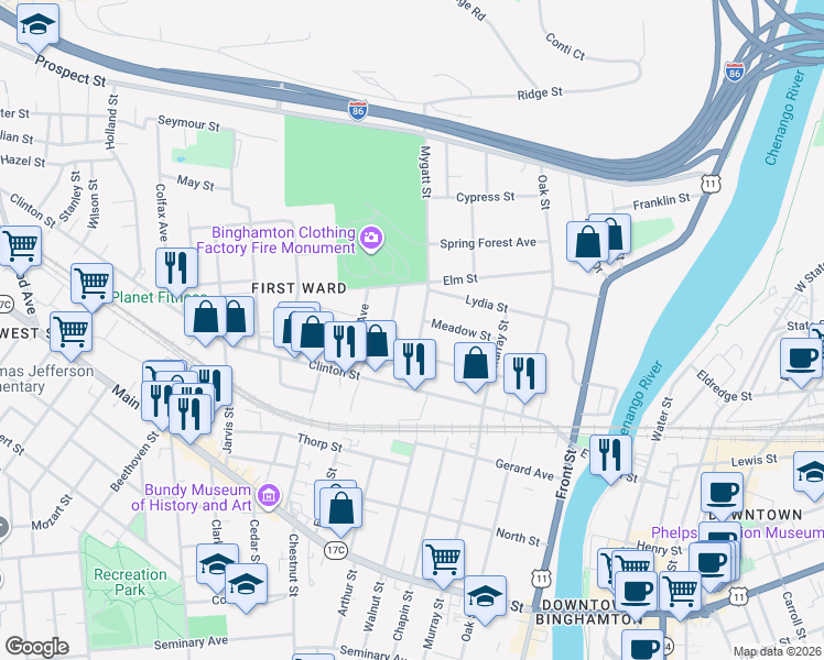 map of restaurants, bars, coffee shops, grocery stores, and more near 78 Dickinson Street in Binghamton