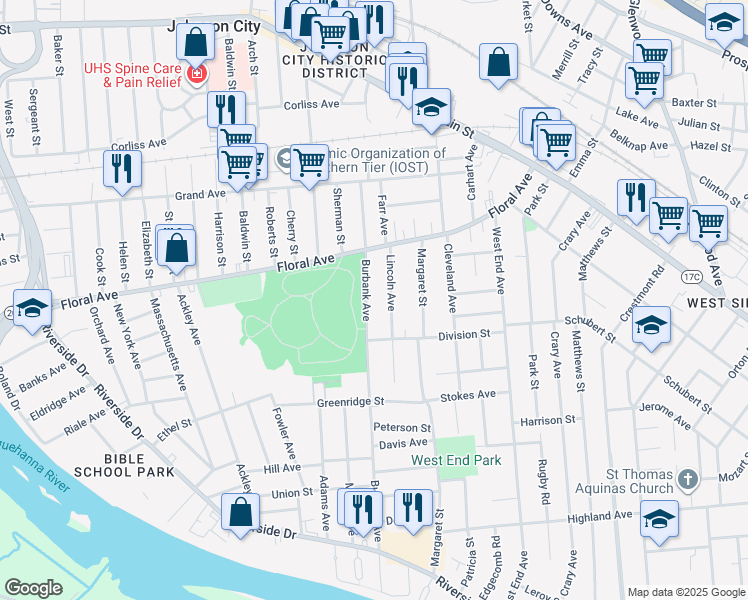 map of restaurants, bars, coffee shops, grocery stores, and more near 76-146 Burbank Ave in Johnson City
