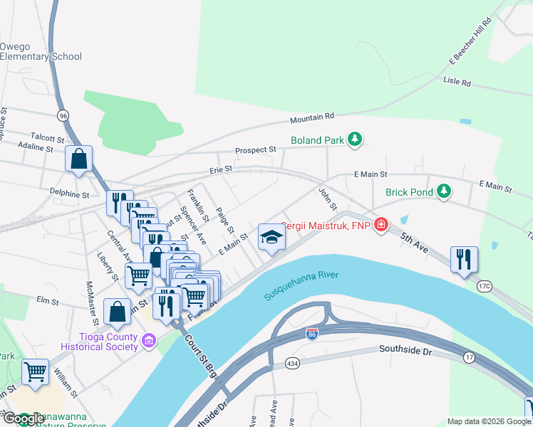 map of restaurants, bars, coffee shops, grocery stores, and more near 317 Main Street in Owego