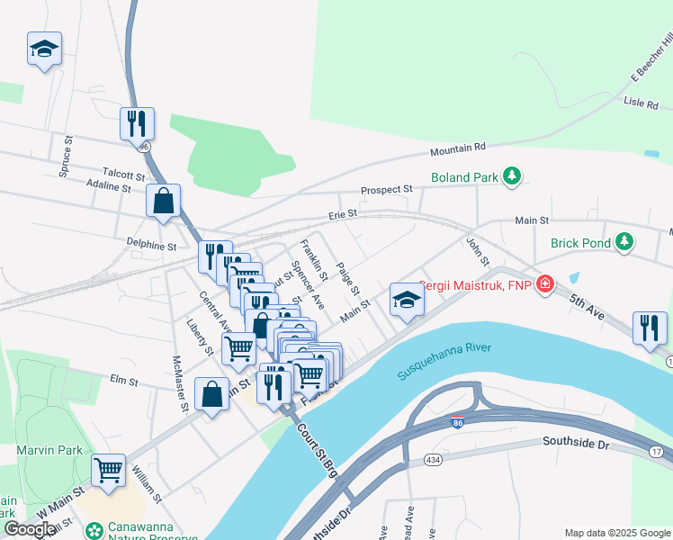 map of restaurants, bars, coffee shops, grocery stores, and more near 156 Temple Street in Owego