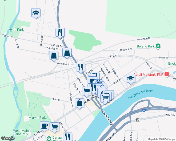 map of restaurants, bars, coffee shops, grocery stores, and more near 132 North Avenue in Owego