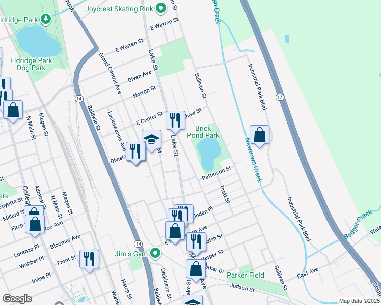 map of restaurants, bars, coffee shops, grocery stores, and more near 1111 Oak Street in Elmira