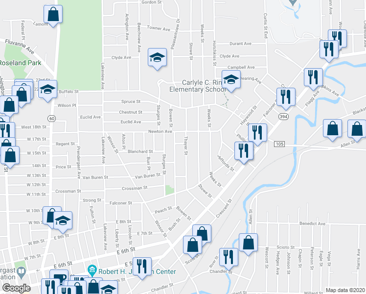 map of restaurants, bars, coffee shops, grocery stores, and more near 160 Bowen Street in Jamestown
