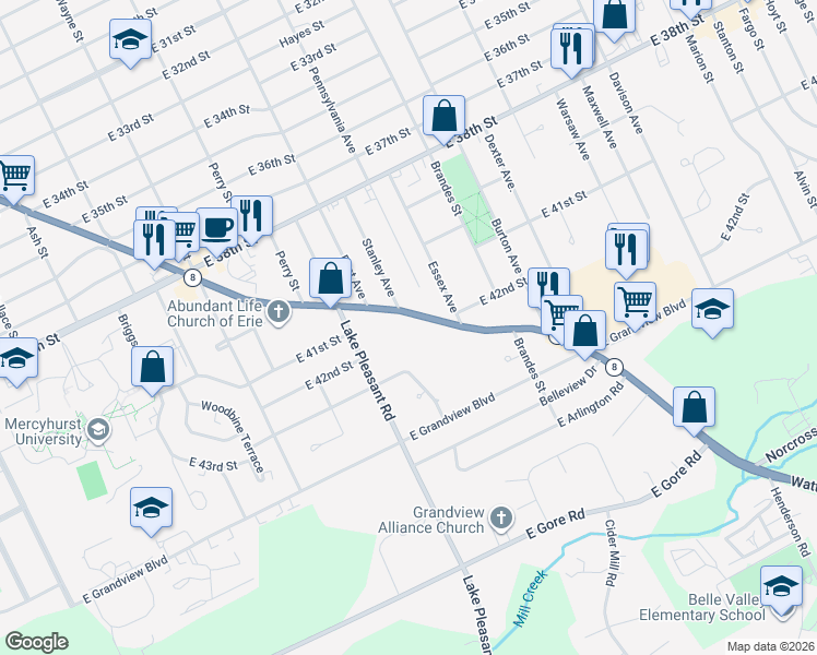 map of restaurants, bars, coffee shops, grocery stores, and more near 4122 Pine Ave in Erie