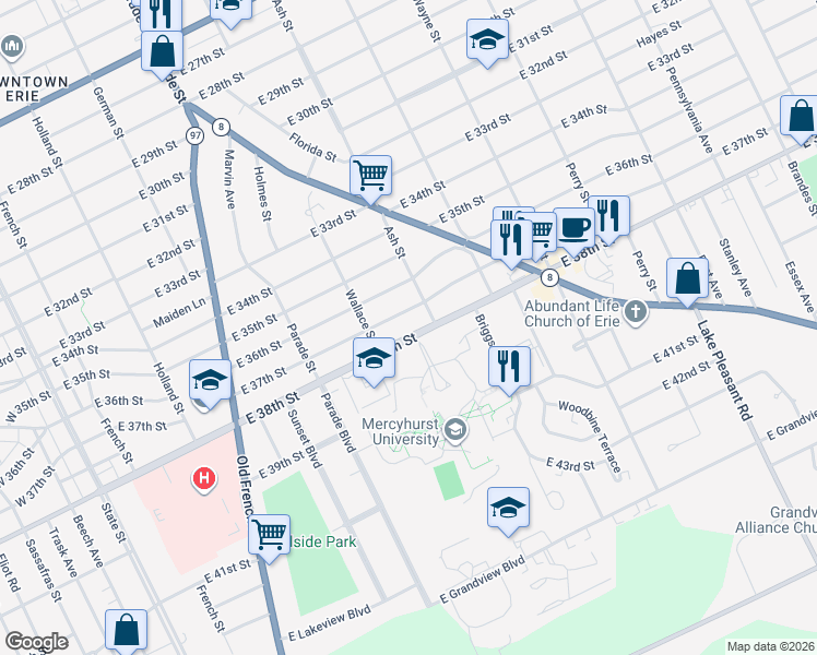 map of restaurants, bars, coffee shops, grocery stores, and more near in Erie