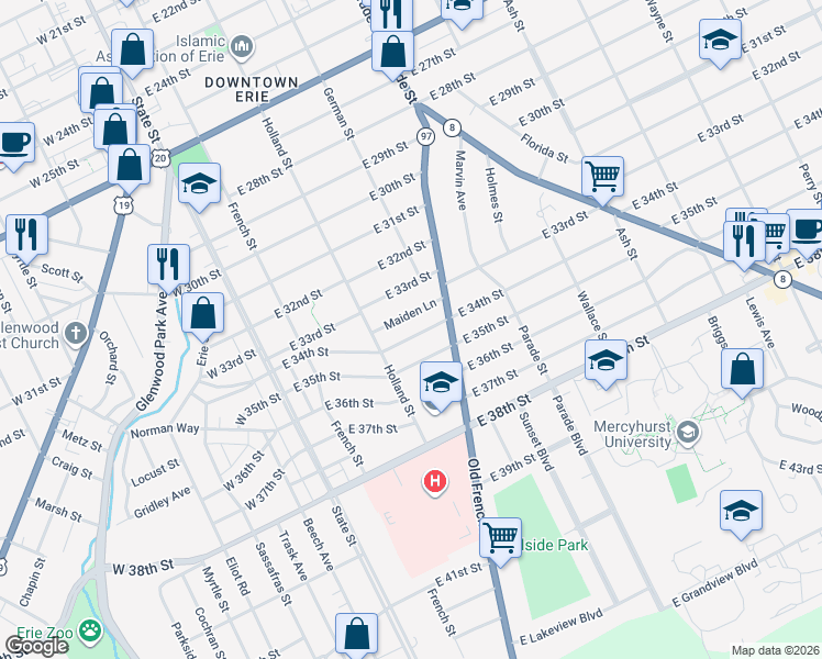 map of restaurants, bars, coffee shops, grocery stores, and more near 225 East 34th Street in Erie