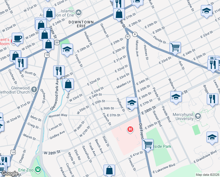 map of restaurants, bars, coffee shops, grocery stores, and more near in Erie