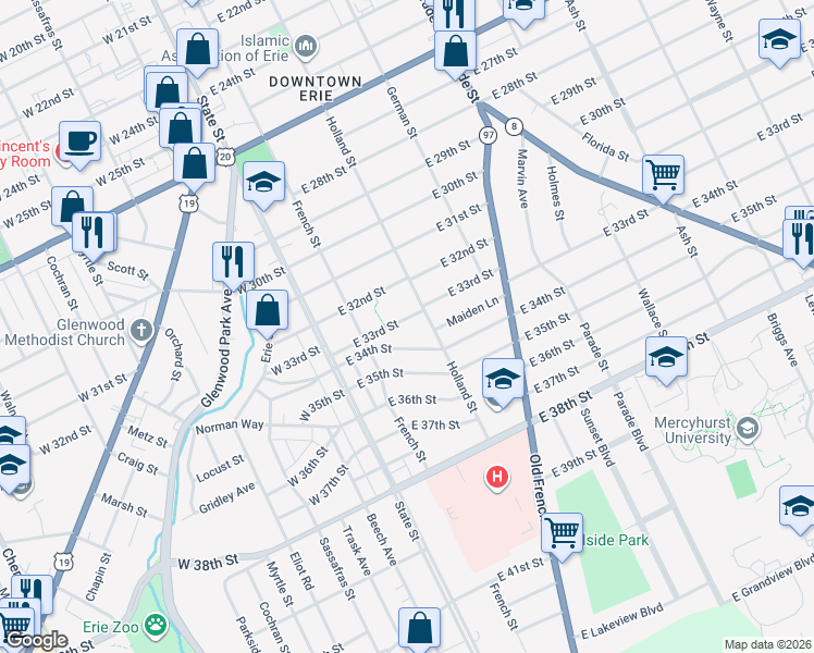 map of restaurants, bars, coffee shops, grocery stores, and more near 128 East 34th Street in Erie