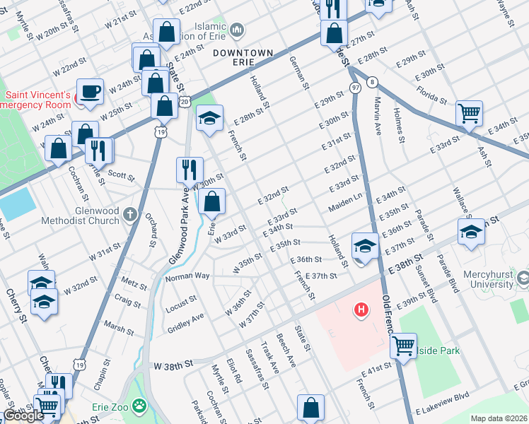 map of restaurants, bars, coffee shops, grocery stores, and more near 3228 French Street in Erie