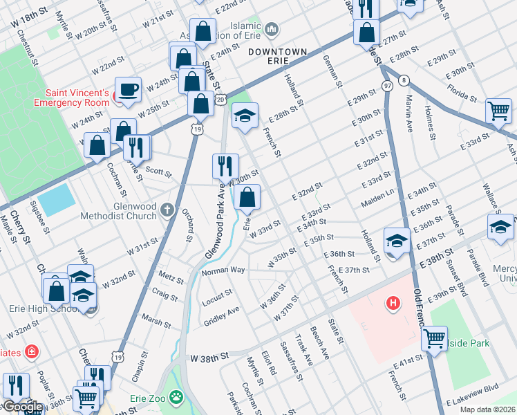 map of restaurants, bars, coffee shops, grocery stores, and more near 33 West 32nd Street in Erie