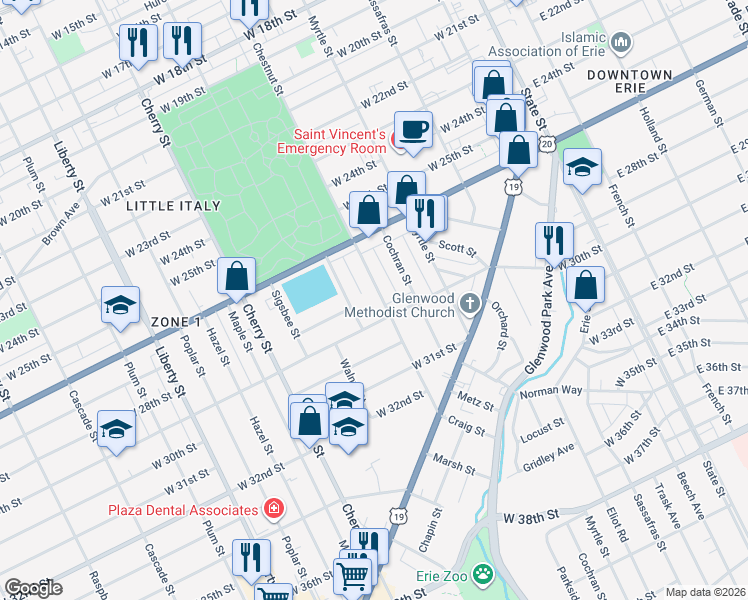 map of restaurants, bars, coffee shops, grocery stores, and more near in Erie