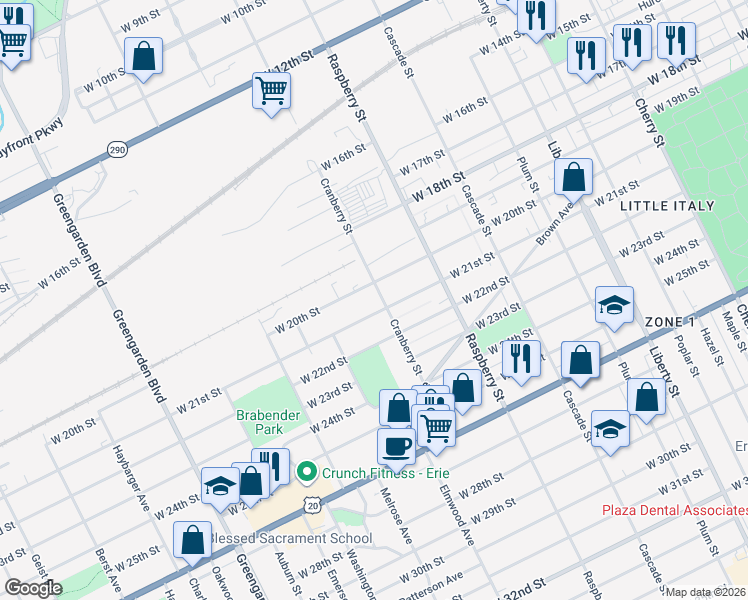 map of restaurants, bars, coffee shops, grocery stores, and more near 1228 West 21st Street in Erie