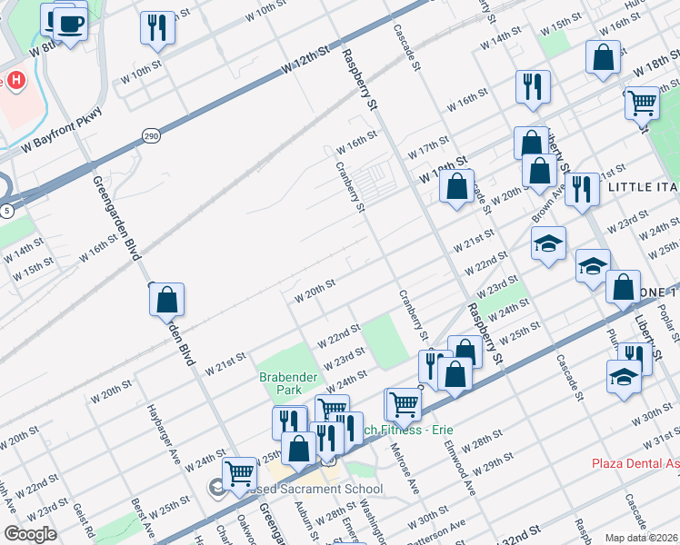 map of restaurants, bars, coffee shops, grocery stores, and more near 1259 61 W 20 St in Erie