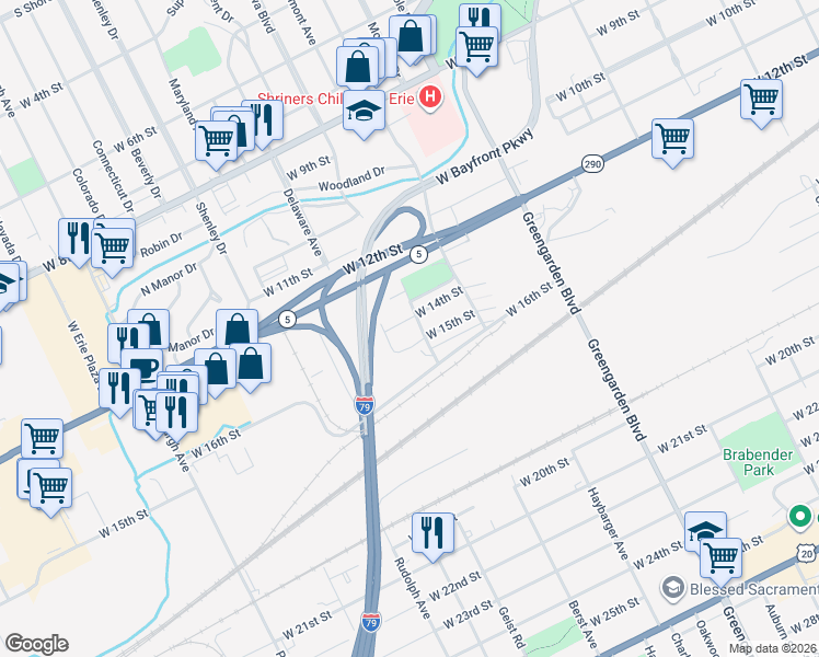 map of restaurants, bars, coffee shops, grocery stores, and more near 1404 Custer Drive in Erie