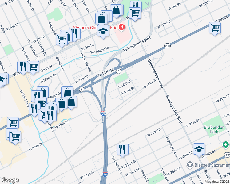 map of restaurants, bars, coffee shops, grocery stores, and more near 1404 Custer Drive in Erie