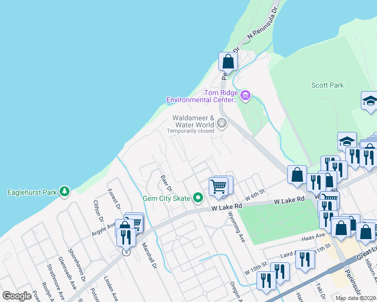 map of restaurants, bars, coffee shops, grocery stores, and more near 3136 Whitehouse Dr in Erie