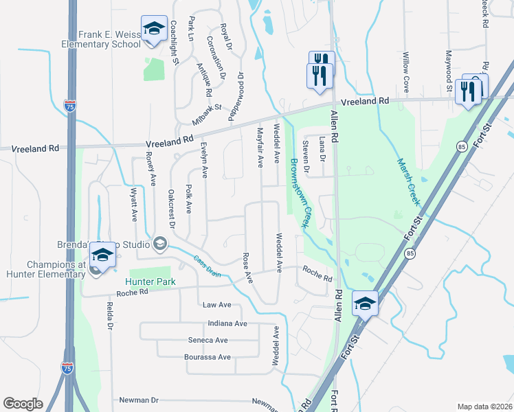 map of restaurants, bars, coffee shops, grocery stores, and more near 27505 Rose Avenue in Brownstown Charter Township