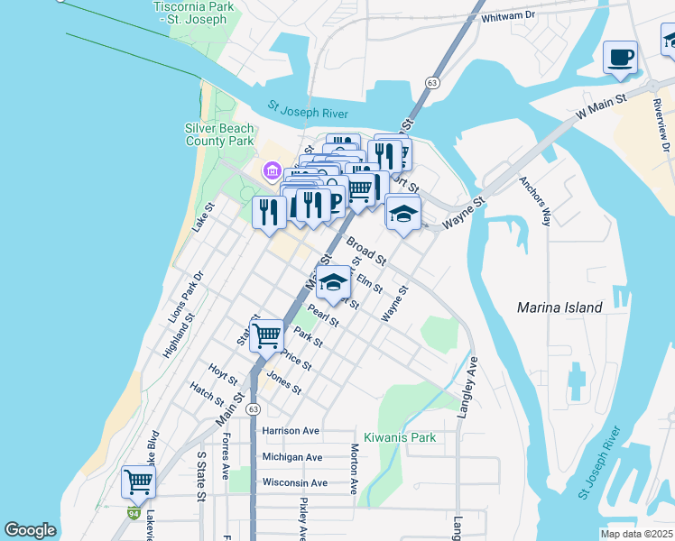 map of restaurants, bars, coffee shops, grocery stores, and more near 509 Court Street in St. Joseph