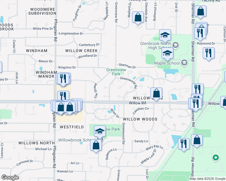 map of restaurants, bars, coffee shops, grocery stores, and more near 2510 Greenview Drive in Northbrook