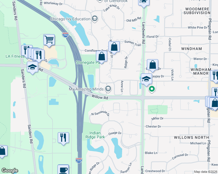 map of restaurants, bars, coffee shops, grocery stores, and more near 2565 Talia Lane in Northbrook
