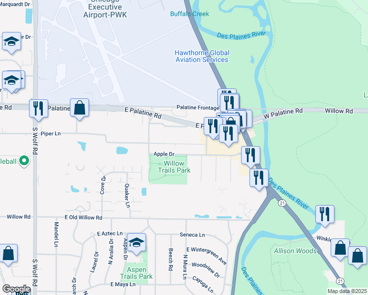 map of restaurants, bars, coffee shops, grocery stores, and more near 821 Apple Drive in Prospect Heights