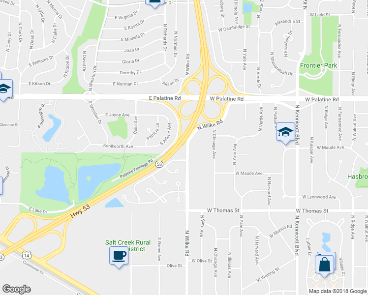 map of restaurants, bars, coffee shops, grocery stores, and more near 202 South Lancelot Lane in Palatine