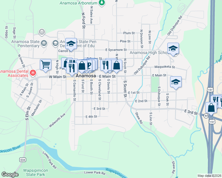 map of restaurants, bars, coffee shops, grocery stores, and more near 452-498 East 1st Street in Anamosa