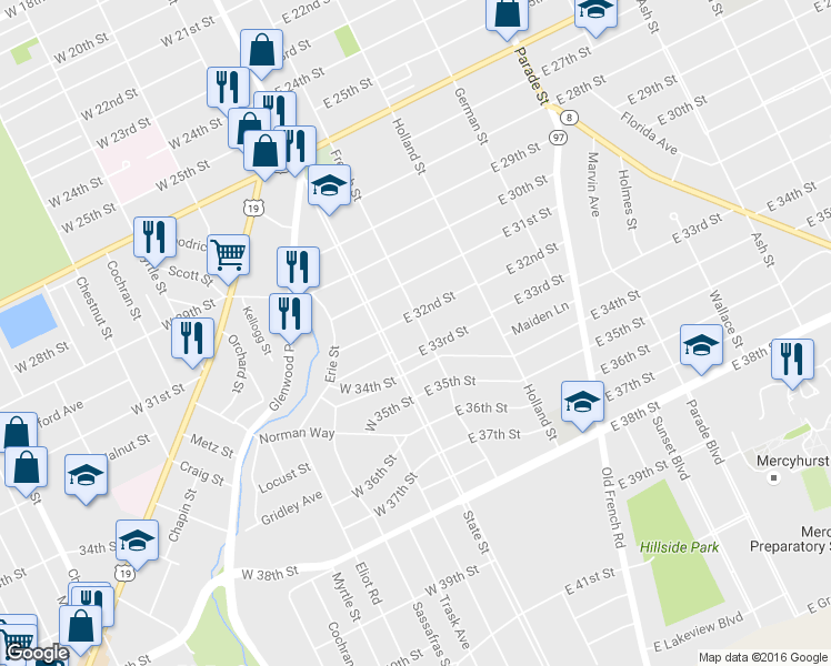 map of restaurants, bars, coffee shops, grocery stores, and more near 3216 French Street in Erie