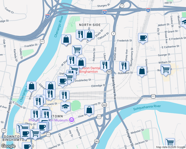 map of restaurants, bars, coffee shops, grocery stores, and more near 12 Emmett Street in Binghamton