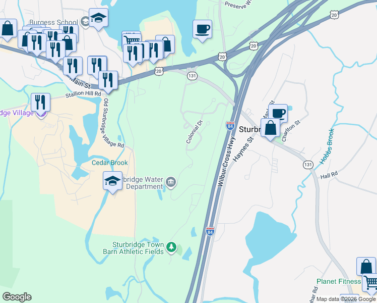 map of restaurants, bars, coffee shops, grocery stores, and more near 2410 Colonial Drive in Sturbridge