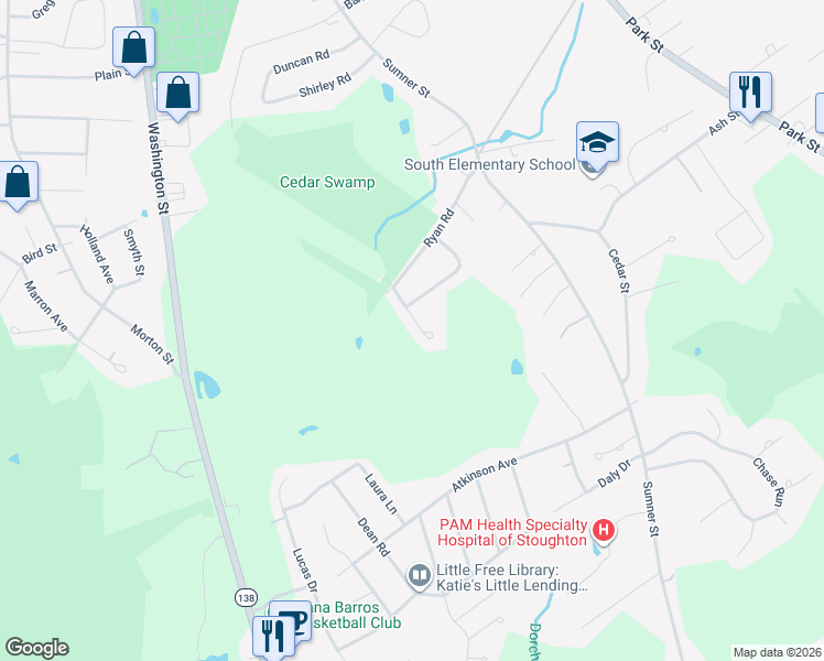 map of restaurants, bars, coffee shops, grocery stores, and more near 45 Crockett Street in Stoughton