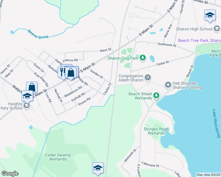 map of restaurants, bars, coffee shops, grocery stores, and more near 14 Clarke Court in Sharon
