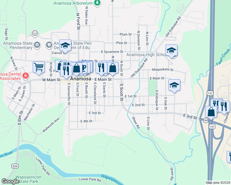 map of restaurants, bars, coffee shops, grocery stores, and more near 452-498 East 1st Street in Anamosa