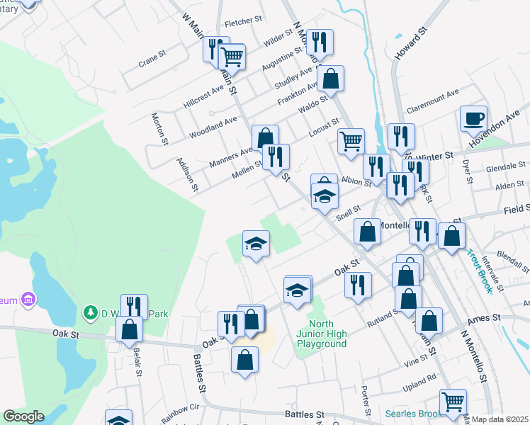map of restaurants, bars, coffee shops, grocery stores, and more near 55 May Avenue in Brockton