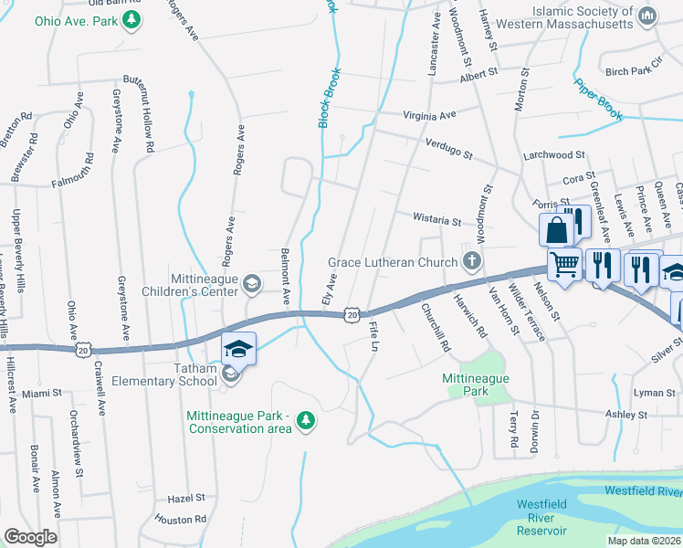 map of restaurants, bars, coffee shops, grocery stores, and more near 33 Brookline Avenue in West Springfield