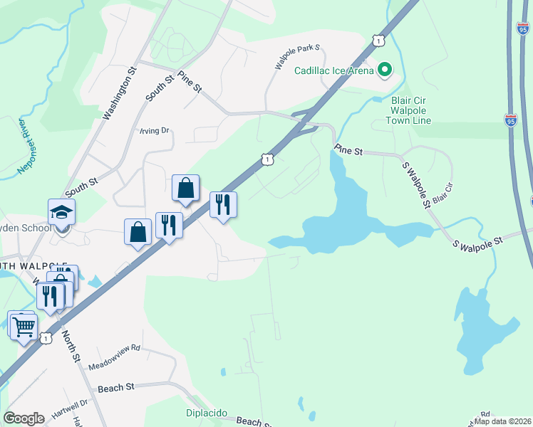 map of restaurants, bars, coffee shops, grocery stores, and more near 1023 Hilltop Drive in Walpole