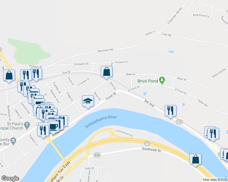 map of restaurants, bars, coffee shops, grocery stores, and more near 405 Front Street in Owego